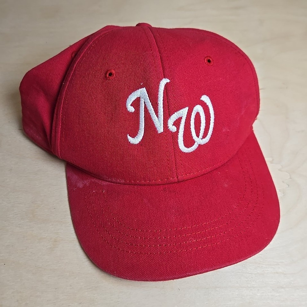NW Youth Red Baseball Hat‎ Embroidered White Letters Adjustable Otto Cap Stains